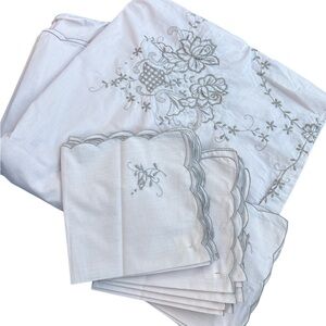 Dead Stock Vintage White Embroidered Floral Table Cloths and Napkins